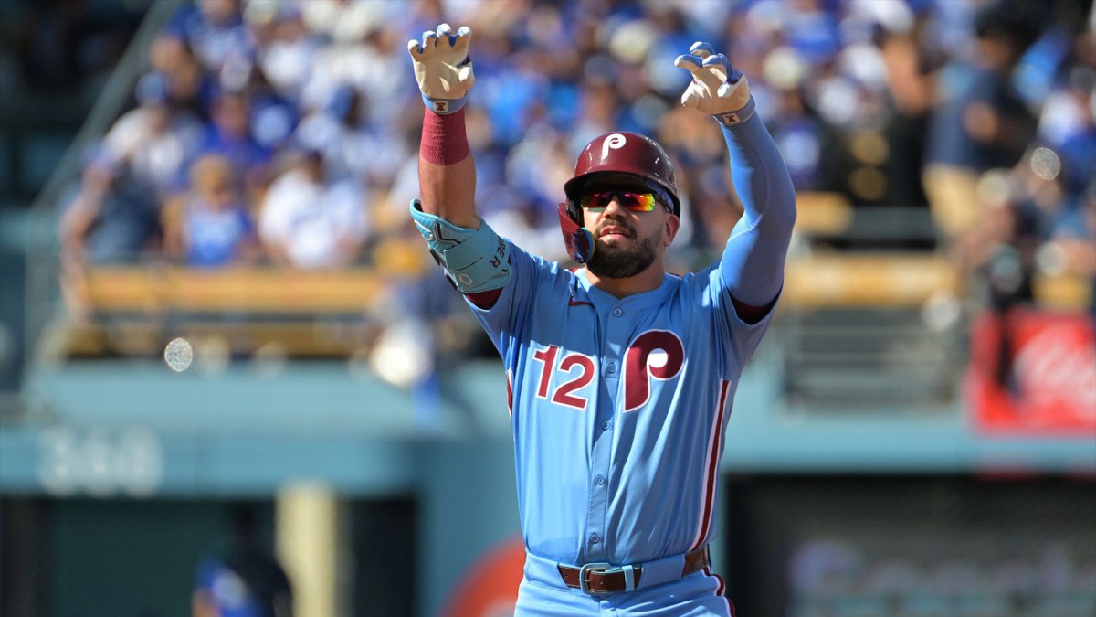 Philadelphia Phillies left fielder Kyle Schwarber (12) reacts after a double in the first inning against the Los Angeles Dodgers during game four of the NLDS round for the 2025 MLB playoffs at Dodger Stadium.