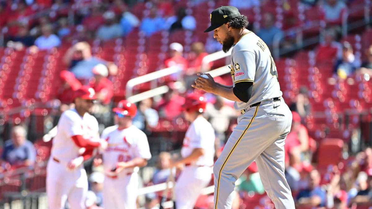 Pittsburgh Pirates pitcher Yohan Ramirez (49) walks back to the mound in a game against the St. Louis Cardinals at Busch Stadium.