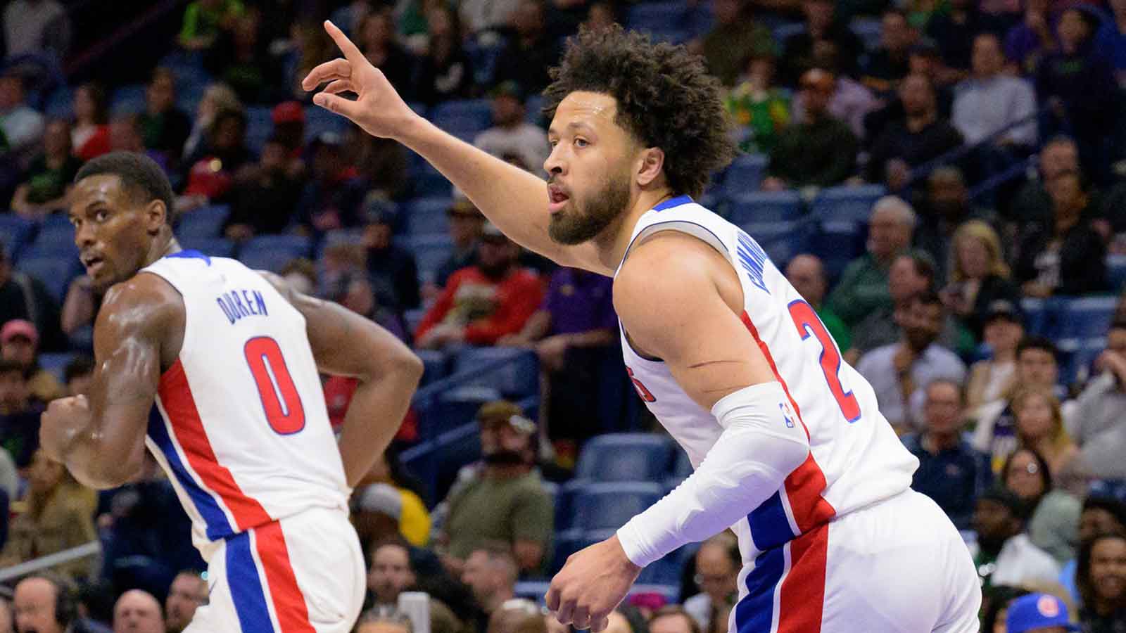  Detroit Pistons guard Cade Cunningham (2) reacts after a score next to center Jalen Duren (0) during the first half against the New Orleans Pelicans at Smoothie King Center.