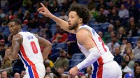 Detroit Pistons guard Cade Cunningham (2) reacts after a score next to center Jalen Duren (0) during the first half against the New Orleans Pelicans at Smoothie King Center.