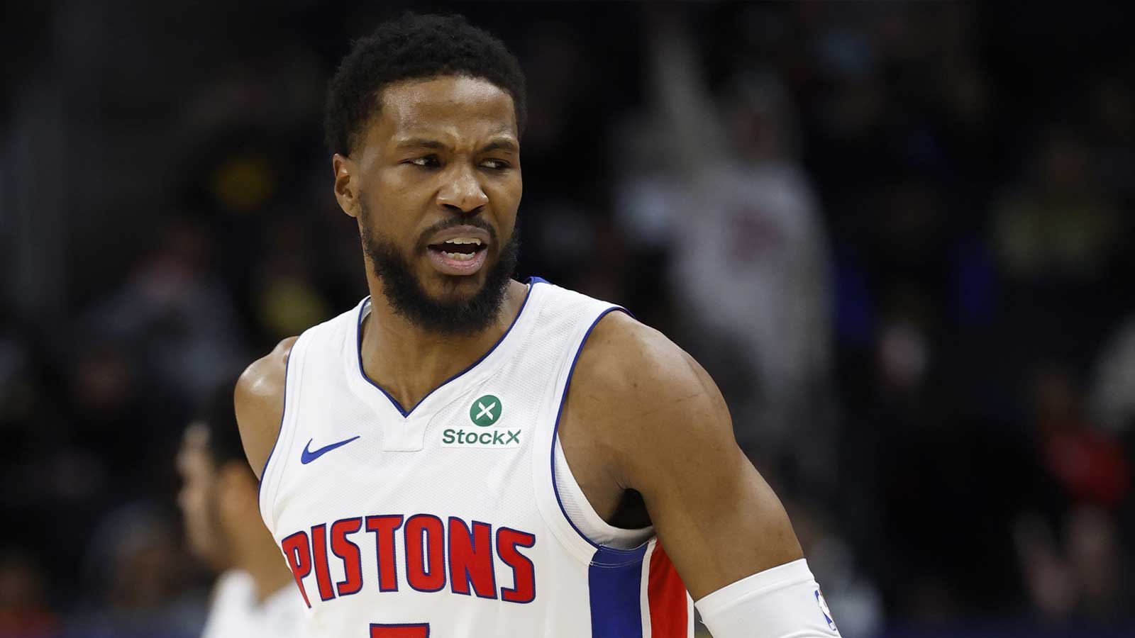 Detroit Pistons guard Malik Beasley (5) reacts in the second half against the Atlanta Hawks at Little Caesars Arena.