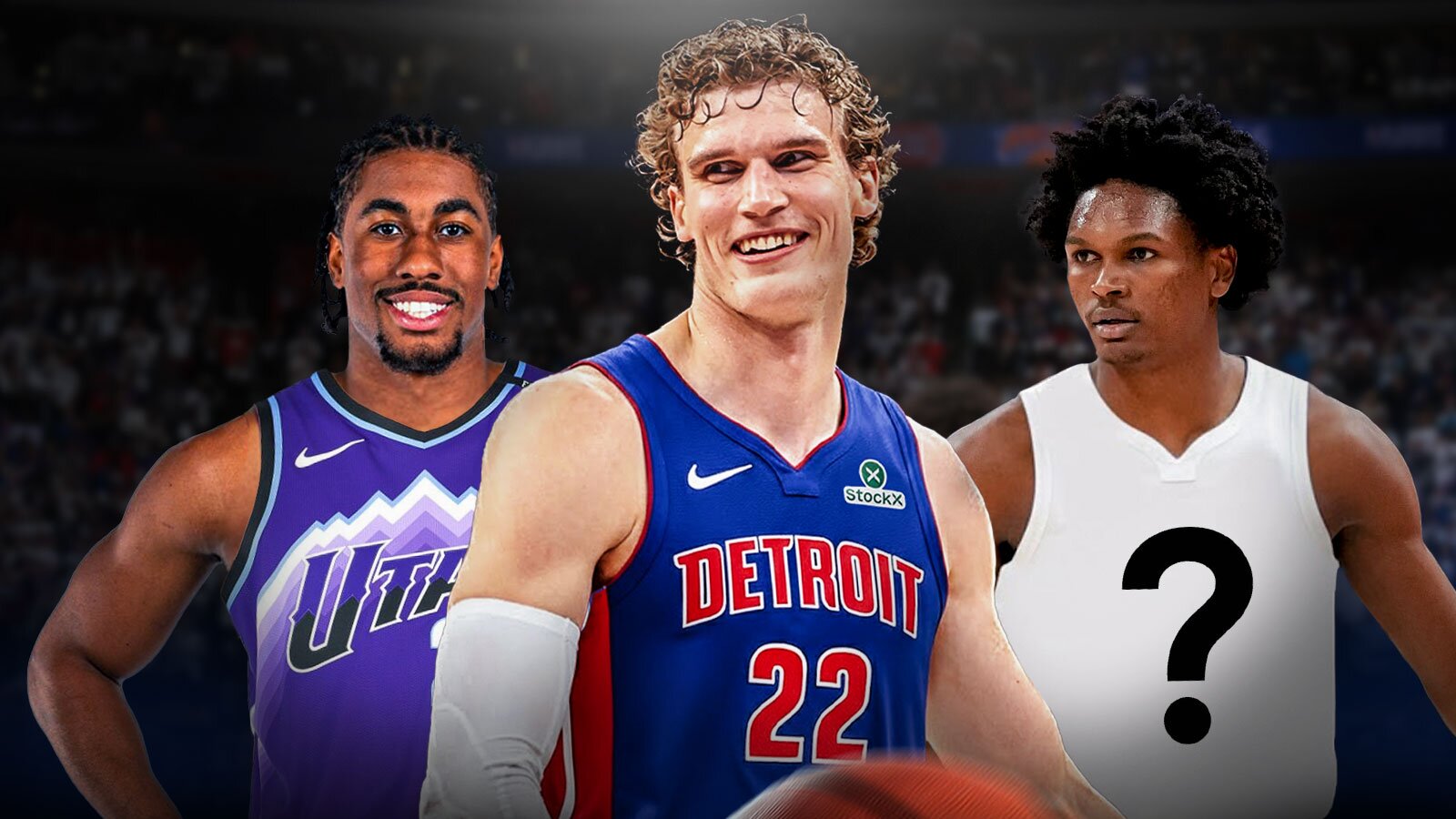 Lauri Markkanen in Pistons uniform, Jaden Ivey in Jazz uniform, Ausar Thompson in blank uniform