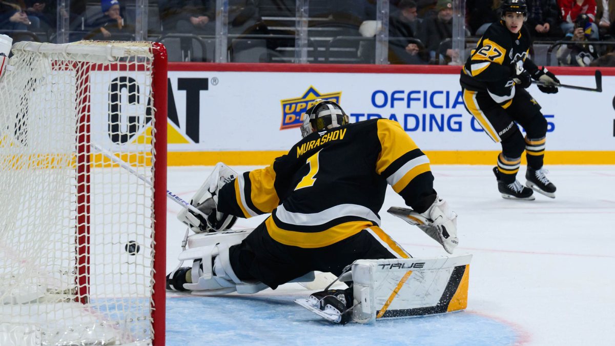 Pittsburgh Penguins goaltender Sergei Murashov (1) makes a save against the Nashville Predators in a Global Series ice hockey game at Avicii Arena.