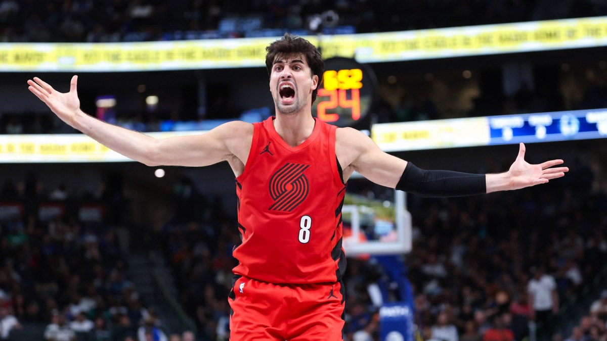 Nov 16, 2025; Dallas, Texas, USA; Portland Trail Blazers forward Deni Avdija (8) reacts during the second half against the Dallas Mavericks at American Airlines Center. Mandatory Credit: Kevin Jairaj-Imagn Images