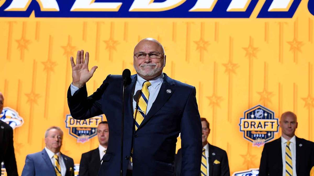 Nashville Predators incoming general manager Barry Trotz announces the twenty fourth pick in round one of the 2023 NHL Draft at Bridgestone Arena.