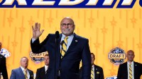 Nashville Predators incoming general manager Barry Trotz announces the twenty fourth pick in round one of the 2023 NHL Draft at Bridgestone Arena.