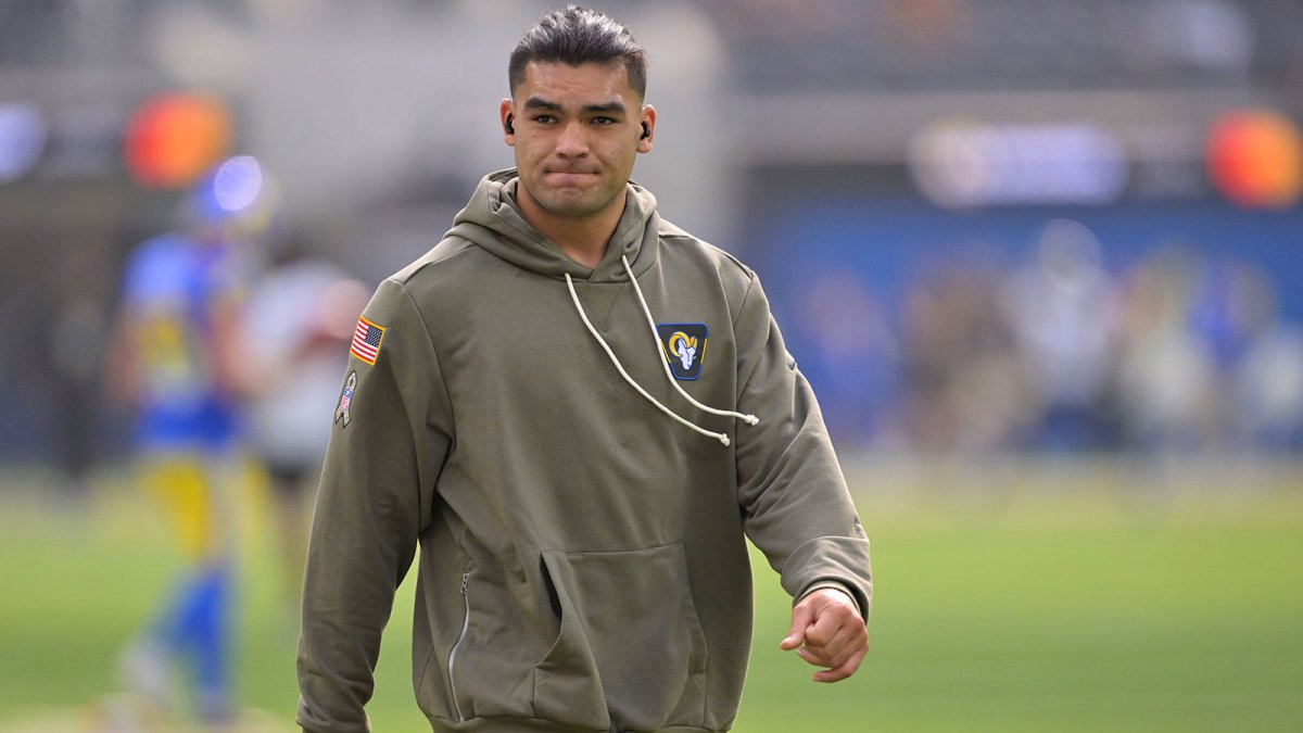 Los Angeles Rams wide receiver Puka Nacua (12) warms up prior to the game against the New Orleans Saints at SoFi Stadium.