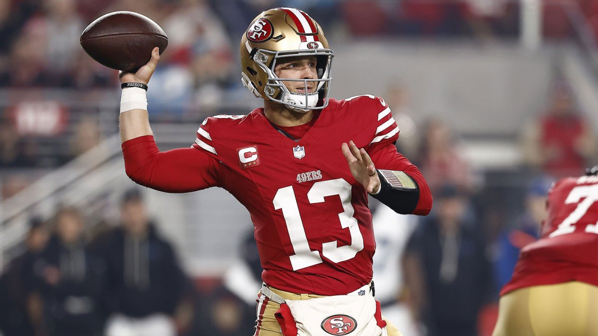 San Francisco 49ers quarterback Brock Purdy (13) drops back to pass against the Carolina Panthers during the first half at Levi's Stadium.