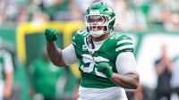 New York Jets defensive tackle Quinnen Williams (95) celebrates after a defensive stop during the game against the Pittsburgh Steelers at MetLife Stadium.
