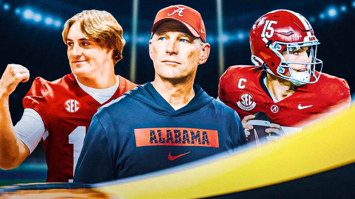 Bray Hubbard, Kalen DeBoer, and Ty Simpson. Alabama logo in the background.