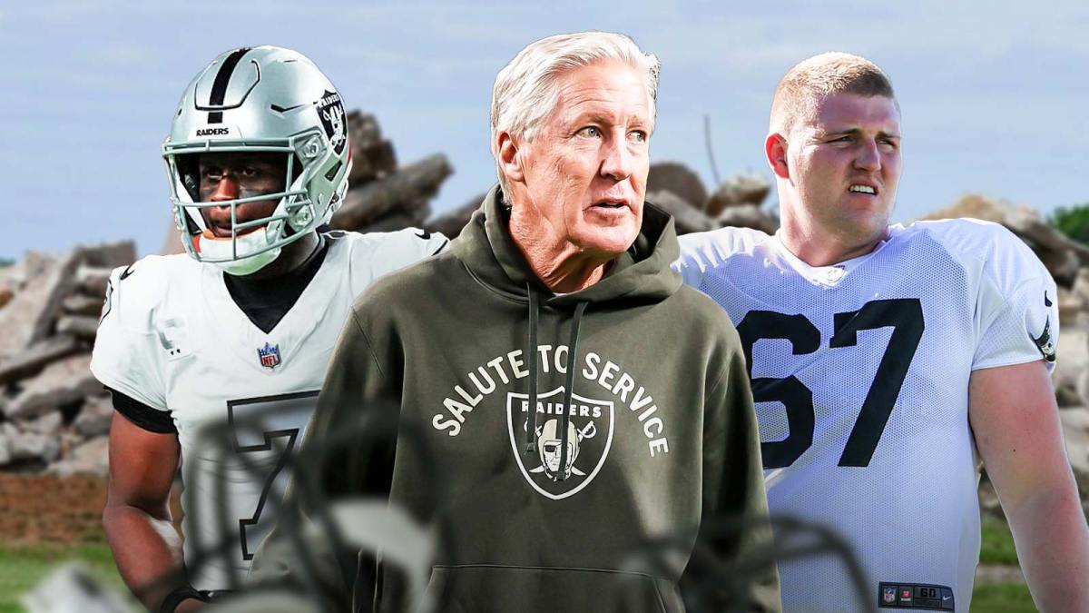 Geno Smith, Will Putnam, Pete Carroll, Pile of rubble in the background