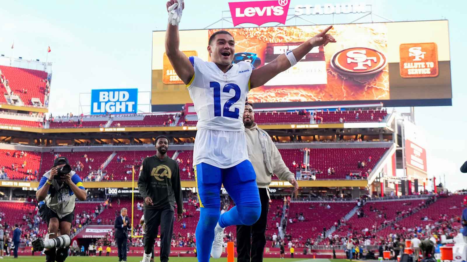 Los Angeles Rams wide receiver Puka Nacua (12) celebrates after the game against the San Francisco 49ers at Levi's Stadium.