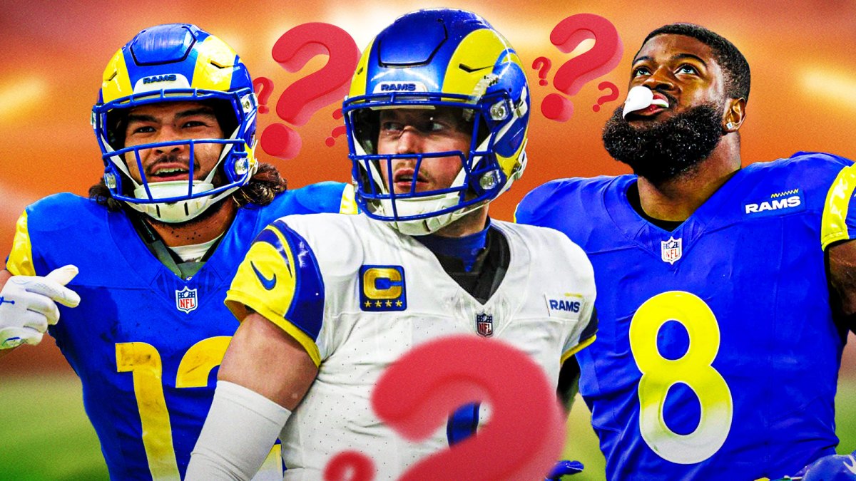 Los Angeles Rams QB Matthew Stafford with WR Puka Nacua and EDGE Jared Verse. They are surrounded by question mark emojis.