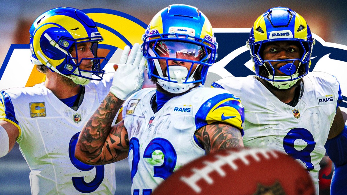 Los Angeles Rams QB Matthew Stafford with RB Kyren Williams and edge rusher Jared Verse. There are also logos for the Los Angeles Rams and Seattle Seahawks.