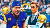 Matthew Stafford and Tom Brady, LA Rams logo, laughing emoji symbols