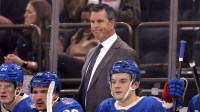 New York Rangers head coach Mike Sullivan reacts during the first period against the Minnesota Wild at Madison Square Garden.