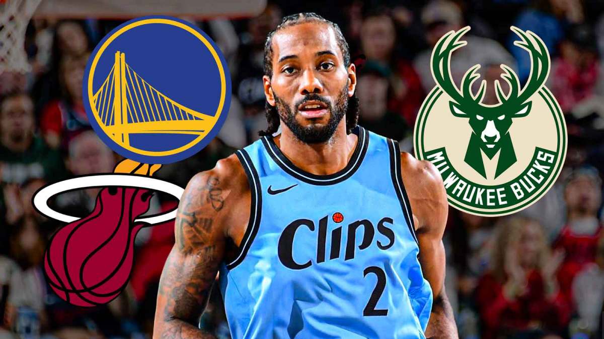 Clippers' Kawhi Leonard with Warriors, Heat, Bucks logos around him