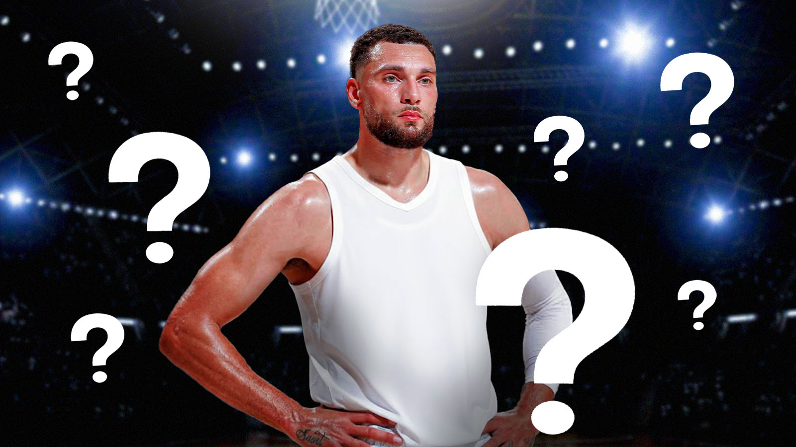 Kings' Zach LaVine wearing a blank uniform, with question marks all over him