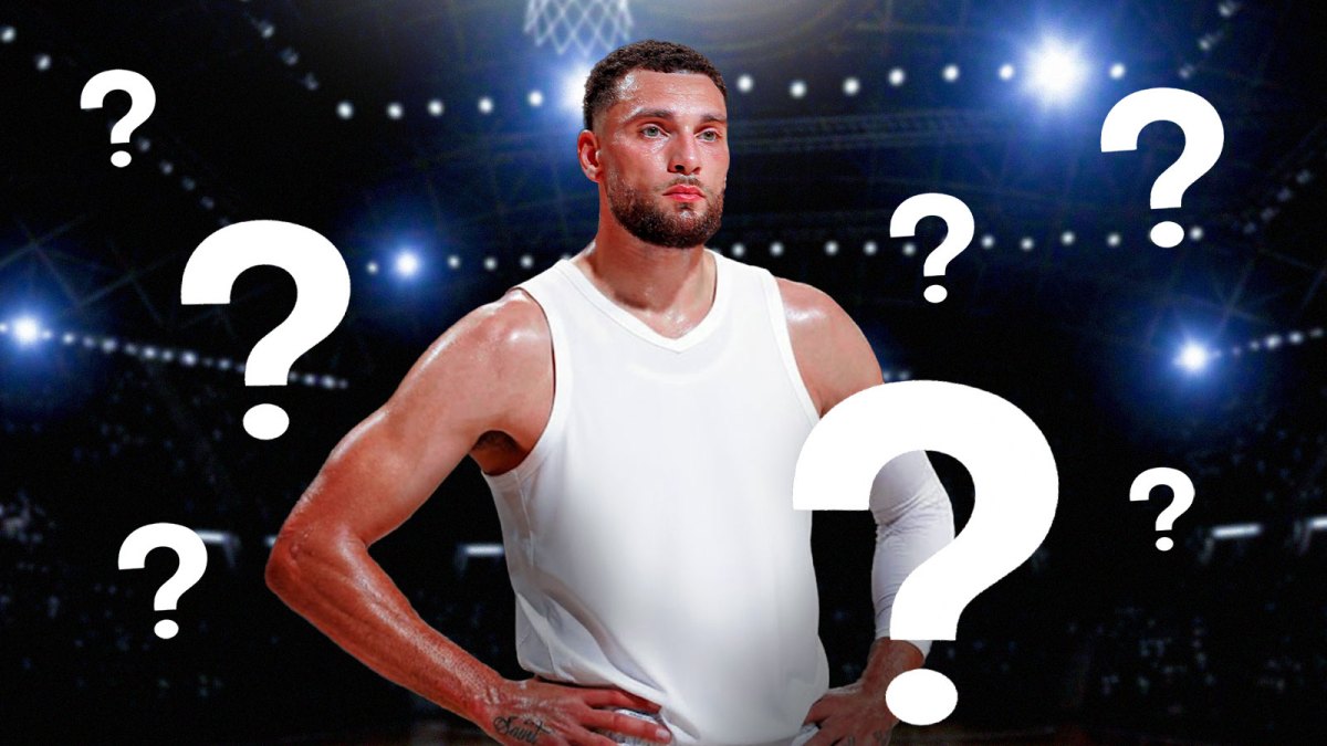 Kings' Zach LaVine wearing a blank uniform, with question marks all over him