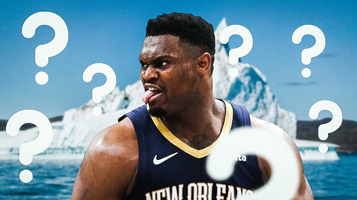 Zion Williamson in the middle with question mark emojis all around him, Iceberg in the background