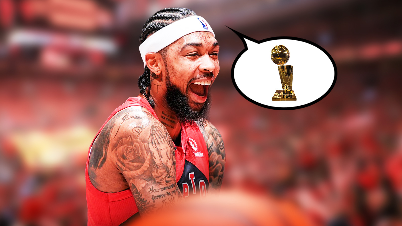 Raptors' Brandon Ingram hyped up. with thought bubble containing image of NBA championship trophy