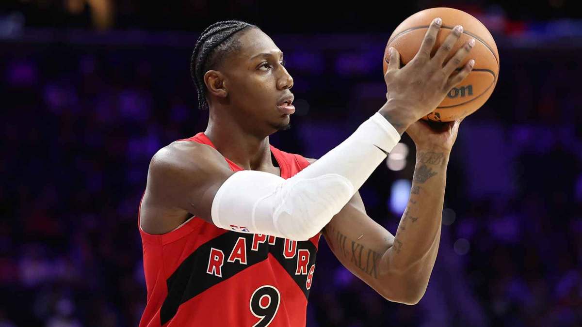 Toronto Raptors forward RJ Barrett (9) shoots the ball against the Philadelphia 76ers during the fourth quarter at Xfinity Mobile Arena.