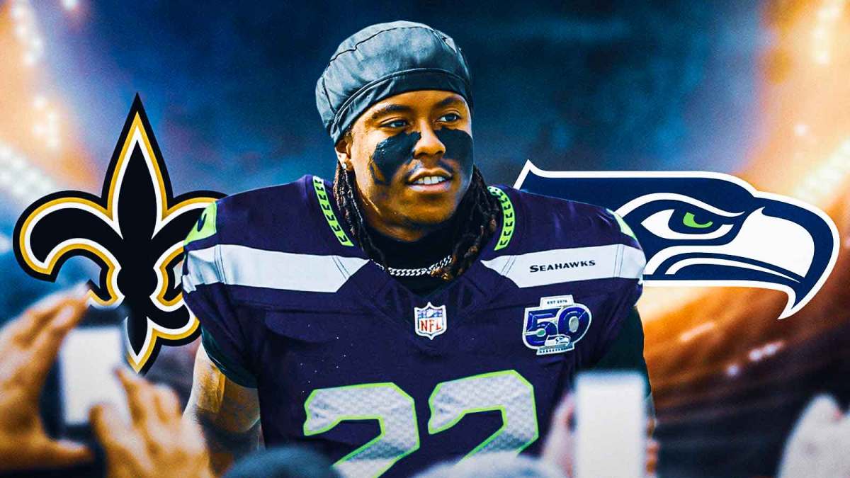 Rashid Shaheed in a Seahawks jersey #22. There are also logos for the New Orleans Saints and Seattle Seahawks.