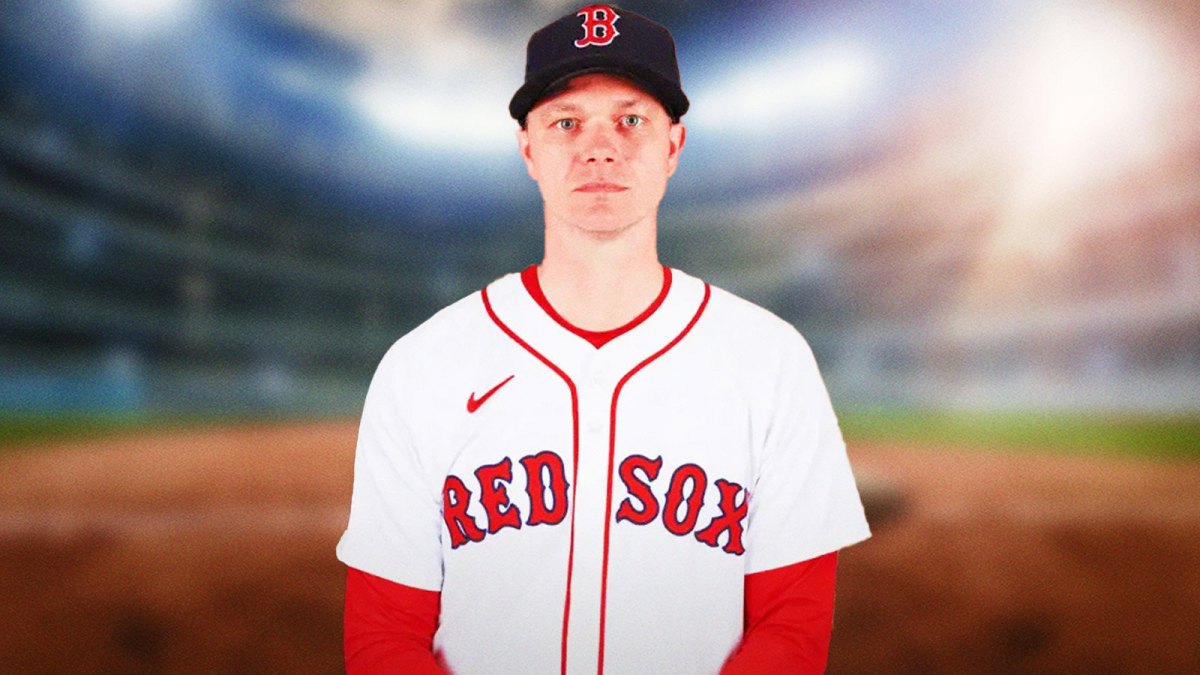 Sonny Gray in a Red Sox uniform with Fenway Park in the background .