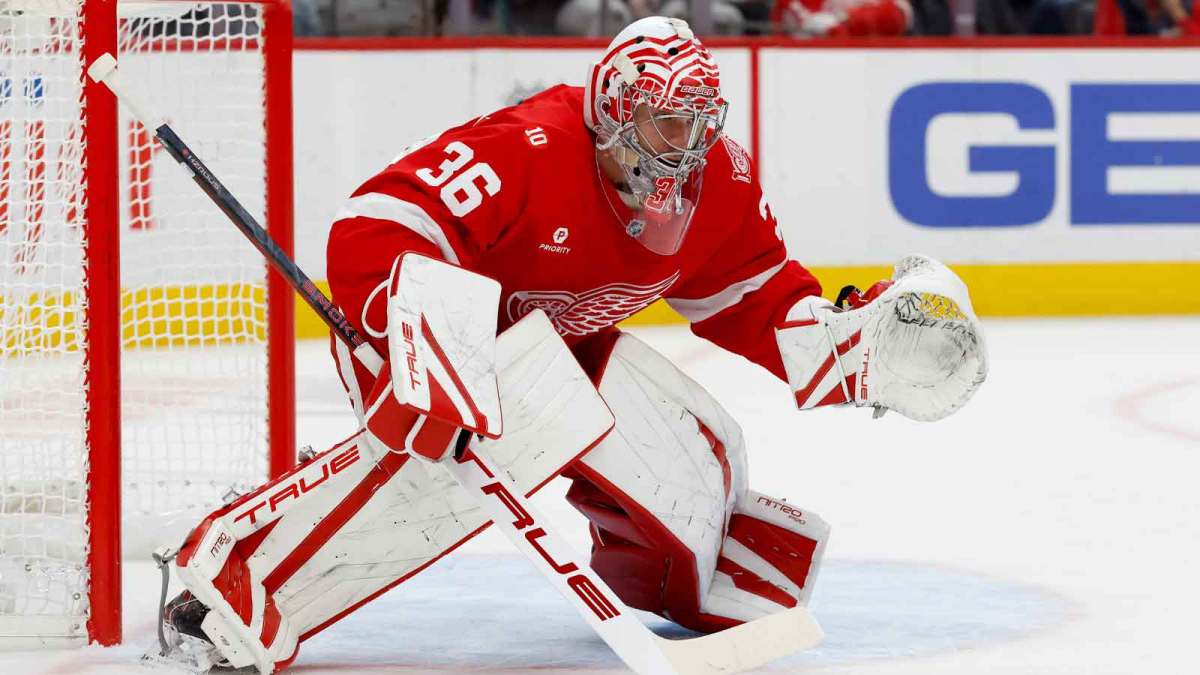 Detroit Red Wings goaltender John Gibson (36) tends goal in the first period against the Anaheim Ducks at Little Caesars Arena.