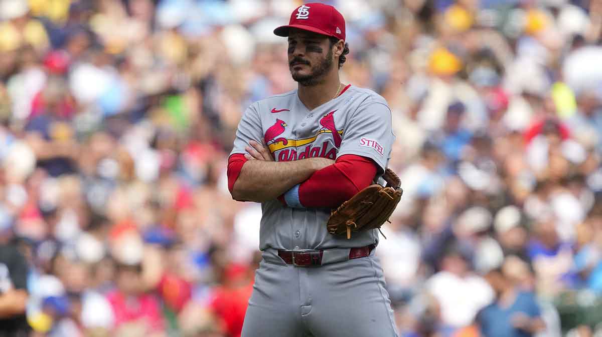 St. Louis Cardinals third baseman Nolan Arenado (28) looks on during the game against the Milwaukee Brewers at American Family Field.