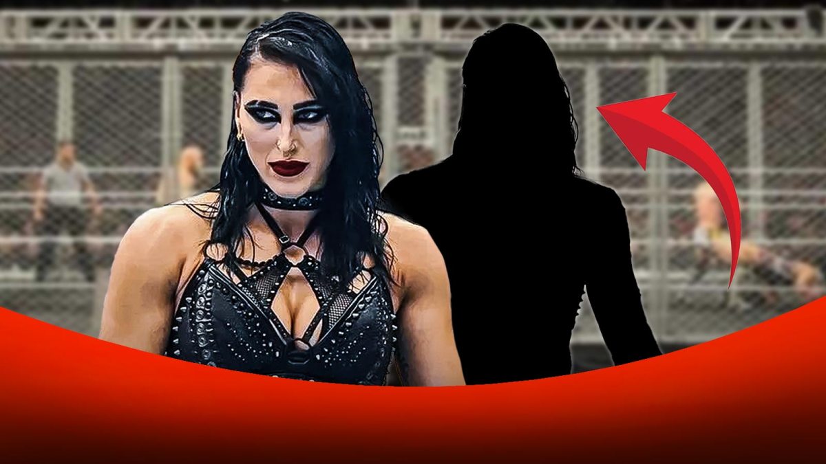 WWE Superstar Rhea Ripley with a silhouette of her after she wore a mask inspired by Art the Clown from the Terrifier movies at Survivor Series: WarGames.