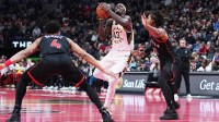 Indiana Pacers forward Pascal Siakam (43) controls the ball as Toronto Raptors forward Collin Murray-Boyles (12) tries to defend during the first quarter at Scotiabank Arena.
