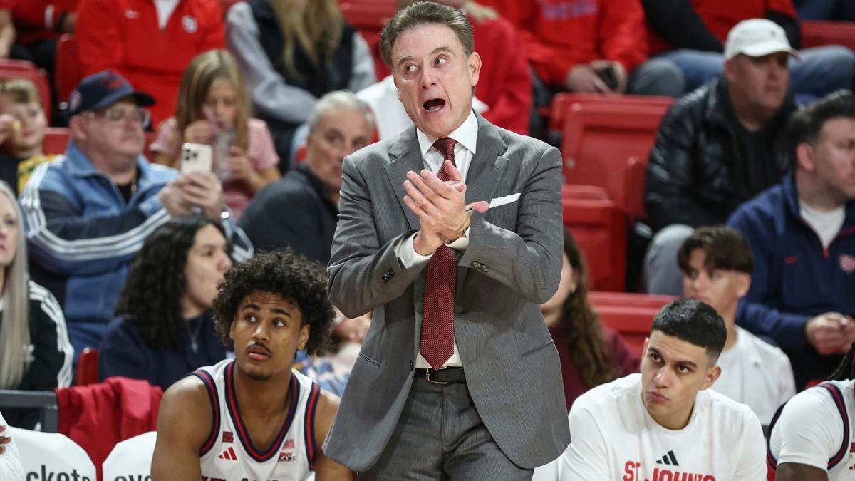 St. John's Red Storm head coach Rick Pitino argues with an offcial in the first half against the Quinnipiac Bobcats at Carnesecca Arena.