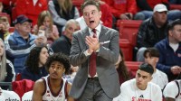 St. John's Red Storm head coach Rick Pitino argues with an offcial in the first half against the Quinnipiac Bobcats at Carnesecca Arena.