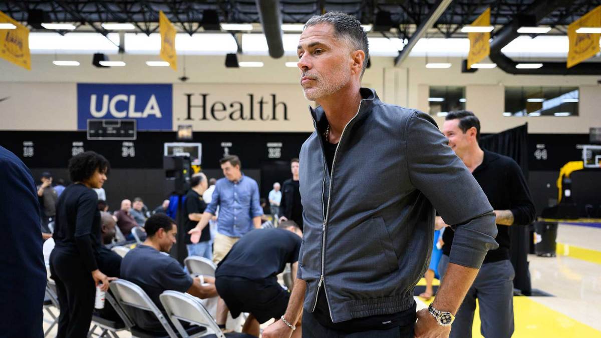 Los Angeles Lakers general manager Rob Pelinka leaves a press conference to preview the 2025-26 season at UCLA Health Training Center.