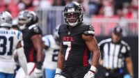 Atlanta Falcons running back Bijan Robinson (7) looks on after scoring a touchdown against the Carolina Panthers in the second quarter at Mercedes-Benz Stadium.