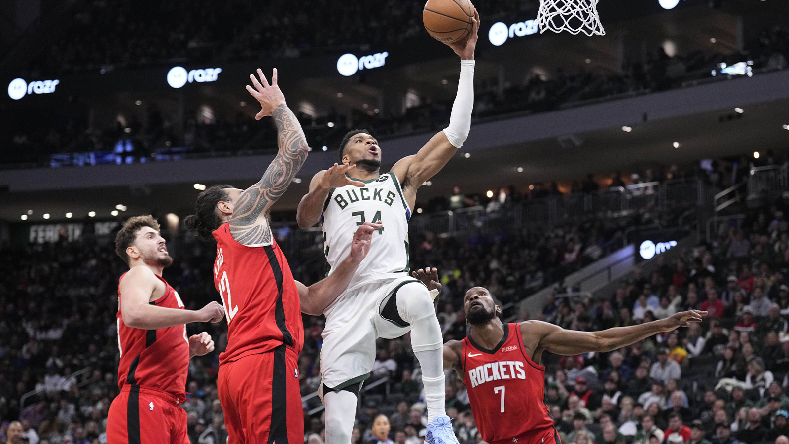 Rockets center Steven Adams (12) and Houston Rockets forward Kevin Durant (7) in the second half at Fiserv Forum