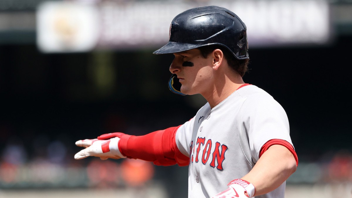Boston Red Sox outfielder Roman Anthony (19) celebrates after hitting a single during the first inning against the Baltimore Orioles at Oriole Park at Camden Yards.