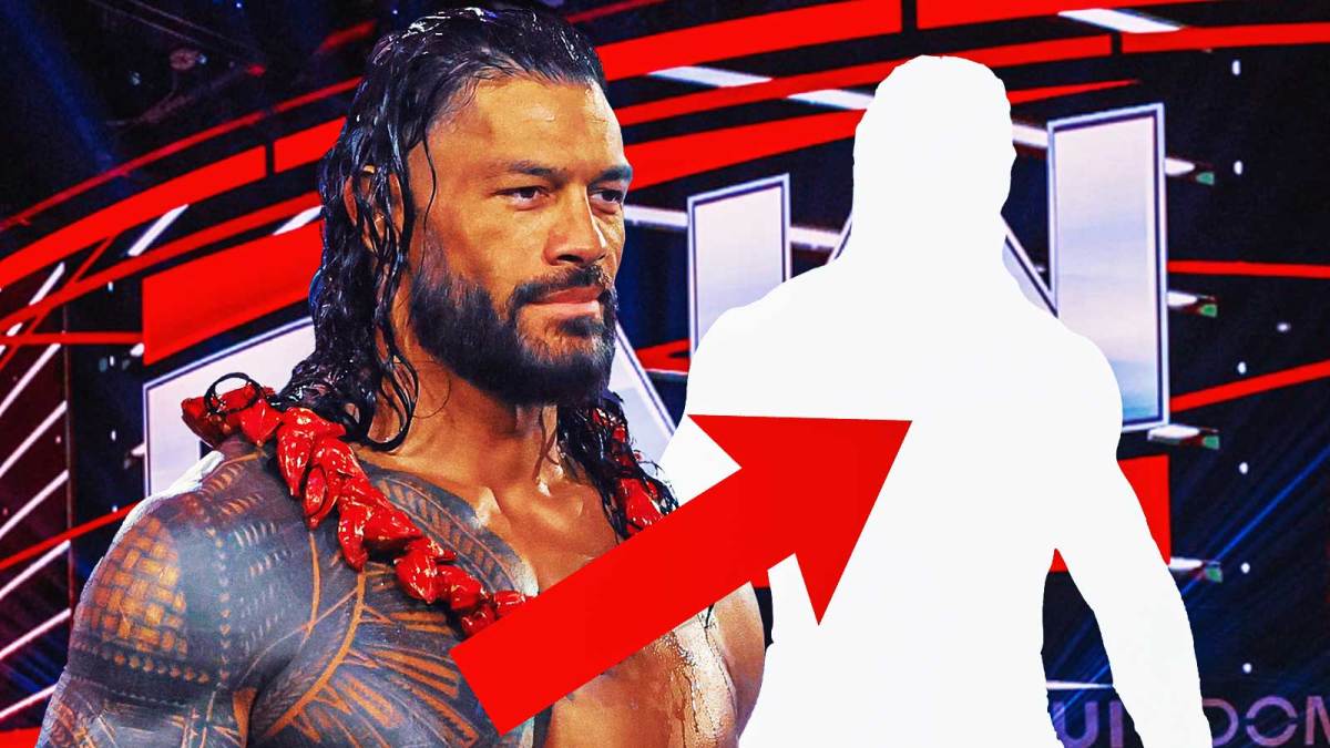 WWE Superstar Roman Reigns, who made his return on Monday Night RAW, with an arrow pointing at a silhouette of him.