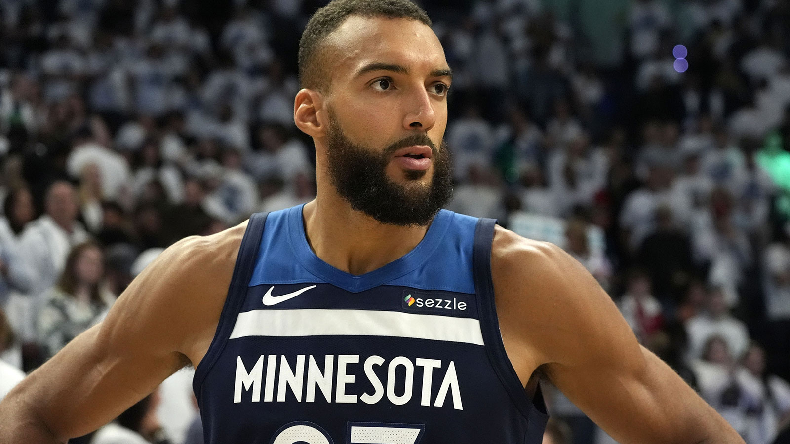 Minnesota Timberwolves center Rudy Gobert (27) reacts after the game against the Oklahoma City Thunder in game three of the western conference finals for the 2025 NBA Playoffs at Target Center.