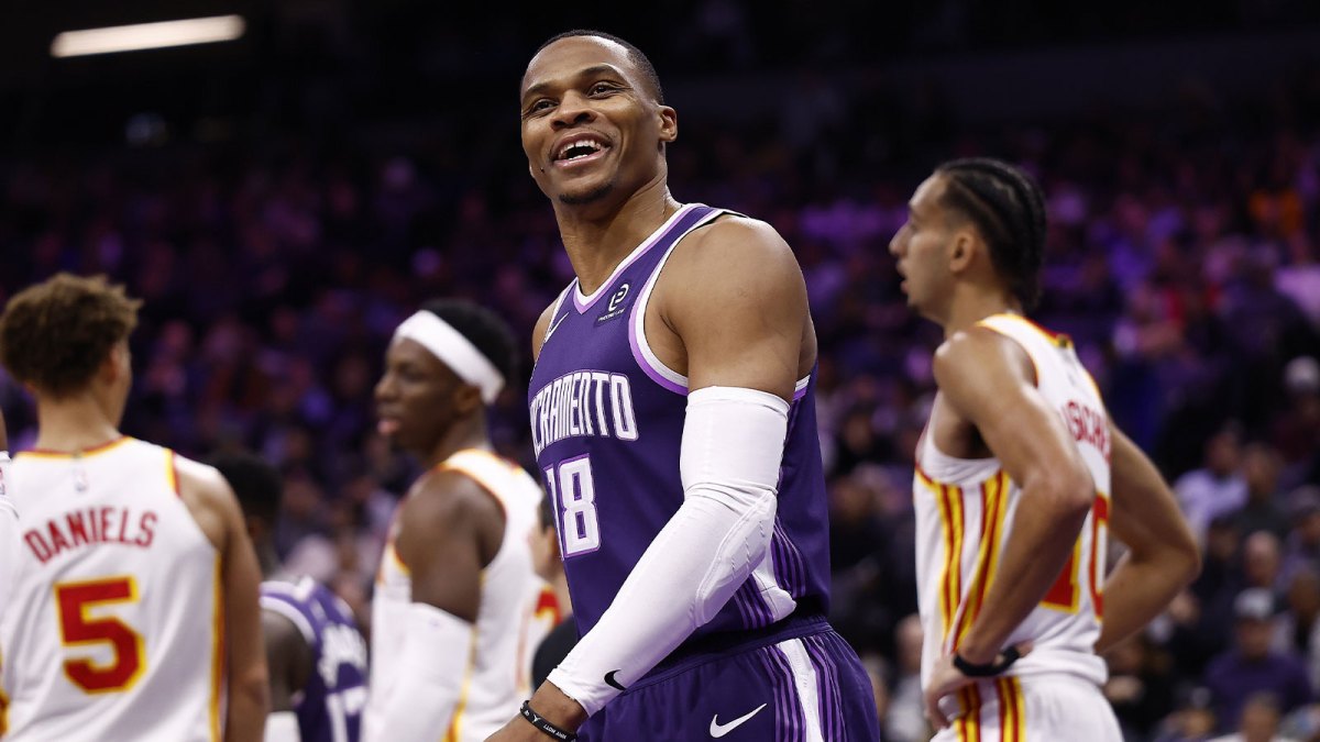 Nov 12, 2025; Sacramento, California, USA; Sacramento Kings guard Russell Westbrook (18) looks to the Atlanta Hawks bench after a play during the third quarter at Golden 1 Center. Mandatory Credit: Kelley L Cox-Imagn Images