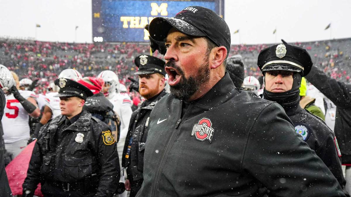 Ohio State head coach Ryan Day calls for the players and coaches to head back to the locker room after 27-9 win over Michigan at Michigan Stadium in Ann Arbor on Saturday, Nov. 29, 2025.