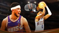 Ryan Dunn shooting a basketball on fire, with a thought bubble of Dunn shooting. Also, Suns shooting guard Devin Booker and head coach Jordan Ott are both smiling next to him with the Suns logo in the background.