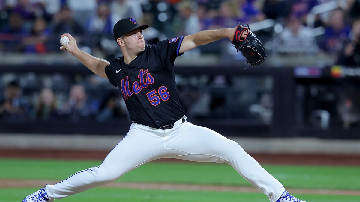 New York Mets relief pitcher Ryan Helsley (56) pitches against the Texas Rangers during the ninth inning at Citi Field.