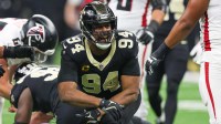 New Orleans Saints defensive end Cameron Jordan (94) reacts after forcing a fumble against the Atlanta Falcons during the first half at Caesars Superdome.