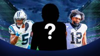 Saints WR Chris Olave with Panthers RB Rico Dowdle and a silhouette of an American football player with a big question mark emoji inside.