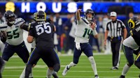 Nov 16, 2025; Inglewood, California, USA; Seattle Seahawks quarterback Sam Darnold (14) throws a pass during the second half against the Los Angeles Rams at SoFi Stadium. Mandatory Credit: Jayne Kamin-Oncea-Imagn Images