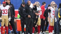 San Francisco 49ers defensive coordinator Robert Saleh on the sidelines during the second half against the New York Giants at MetLife Stadium.