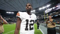 Cleveland Browns quarterback Shedeur Sanders (12) reacts at the end of the game against the Las Vegas Raiders at Allegiant Stadium.