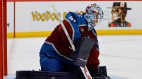 Colorado Avalanche goaltender Scott Wedgewood (41) makes a save in the third period against the Anaheim Ducks at Ball Arena